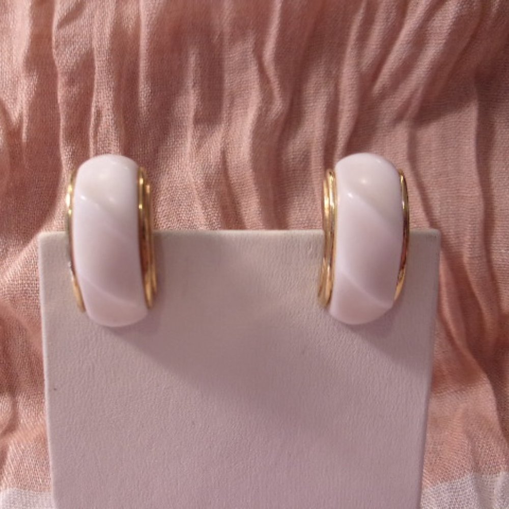 White Plastic Crescent Hoop Clip Earrings Vintage